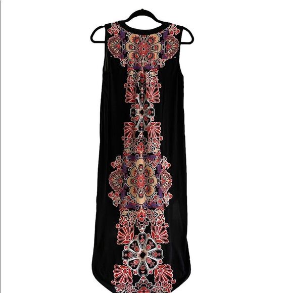 Cupio DRESS  HIGH-LOW  MIDI  BLACK WITH VIBRANT PRINT DOWN CENTER - Picture 2 of 10
